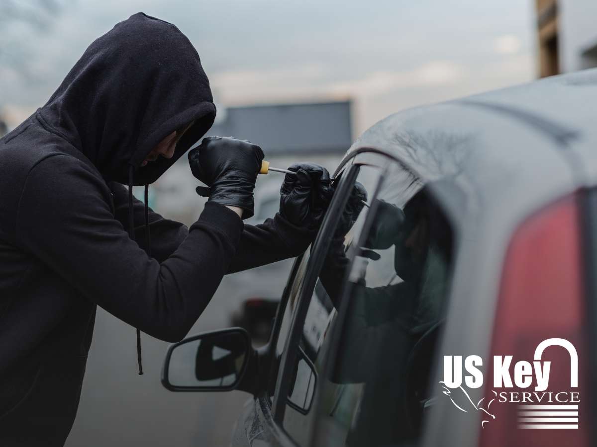 Man in a hood using tools to break into a car, highlighting the need for anti-theft devices for cars.