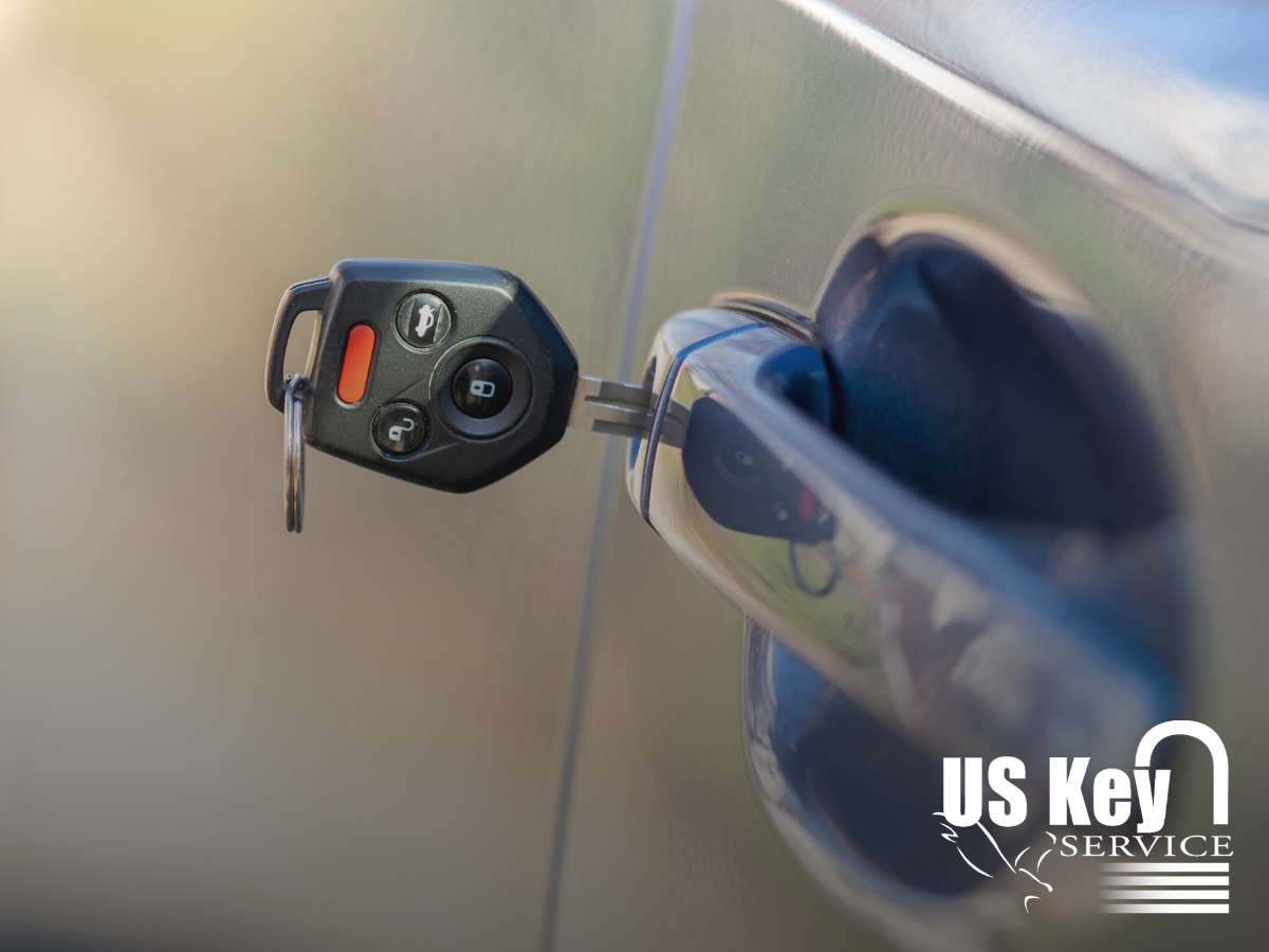 Car key inserted in handle showing modern Car Door Locks system malfunction potential